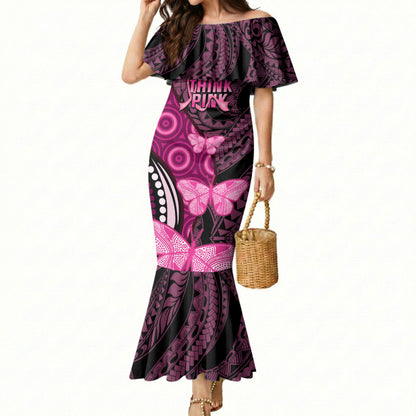 Think Pink Breast Cancer Support Mermaid Dress Butterfly Aboriginal Mix Polynesian Pattern