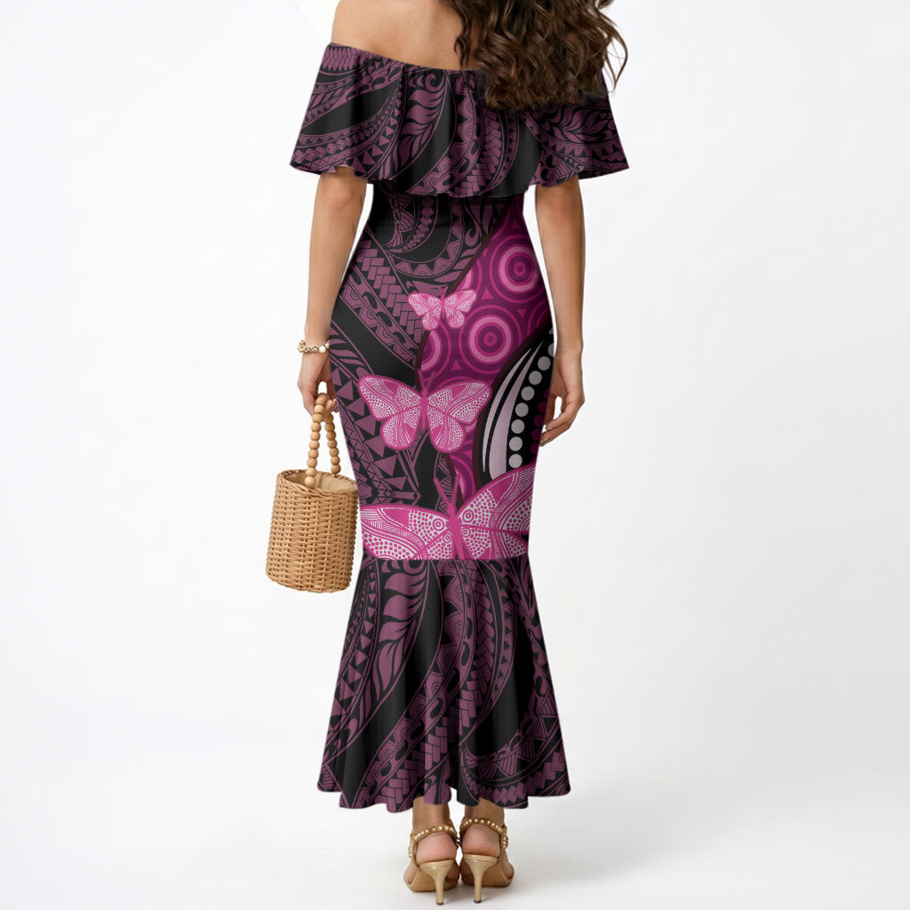 Think Pink Breast Cancer Support Mermaid Dress Butterfly Aboriginal Mix Polynesian Pattern