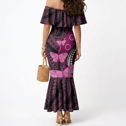 Think Pink Breast Cancer Support Mermaid Dress Butterfly Aboriginal Mix Polynesian Pattern