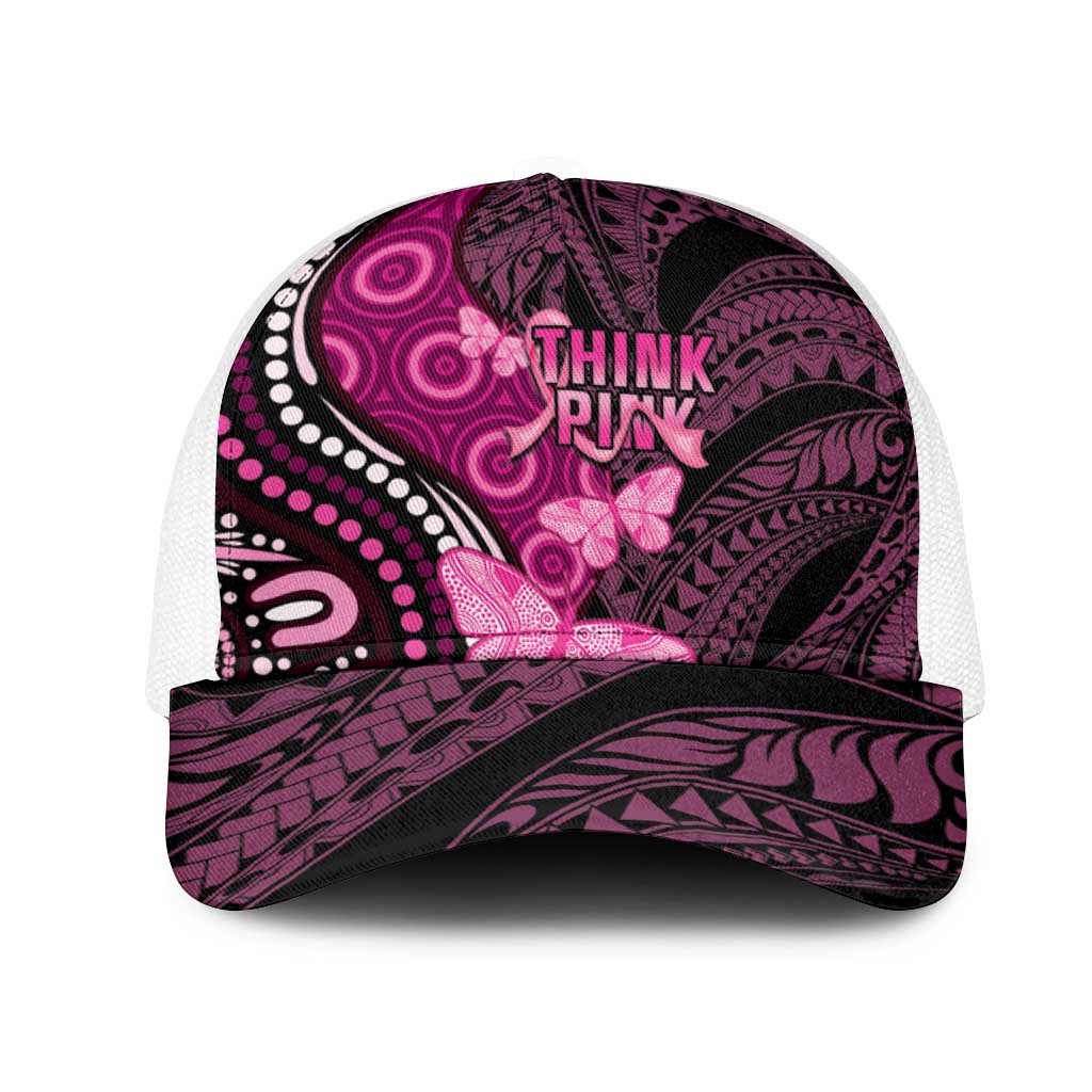 Think Pink Breast Cancer Support Mesh Trucker Cap Butterfly Aboriginal Mix Polynesian Pattern