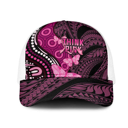 Think Pink Breast Cancer Support Mesh Trucker Cap Butterfly Aboriginal Mix Polynesian Pattern