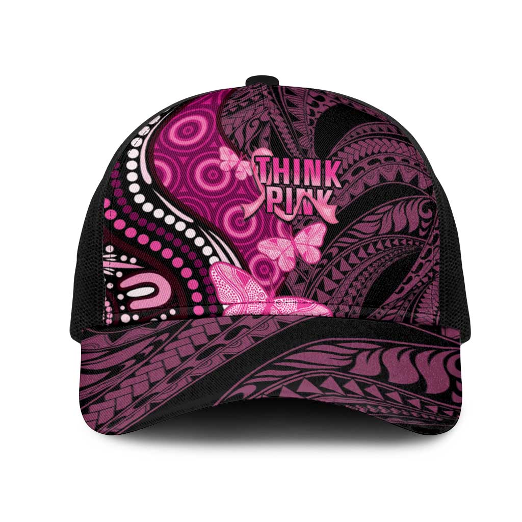 Think Pink Breast Cancer Support Mesh Trucker Cap Butterfly Aboriginal Mix Polynesian Pattern