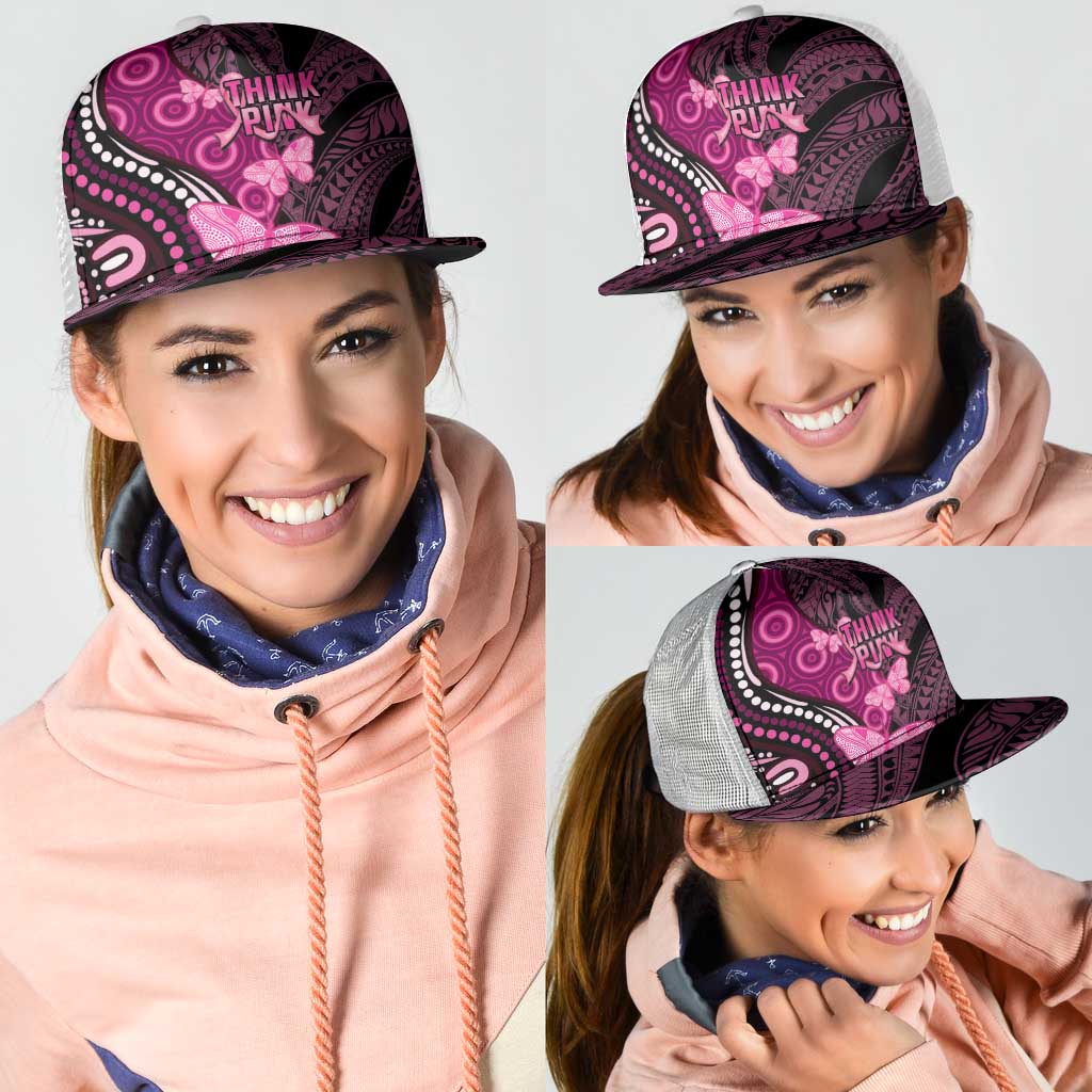 Think Pink Breast Cancer Support Mesh Trucker Cap Butterfly Aboriginal Mix Polynesian Pattern