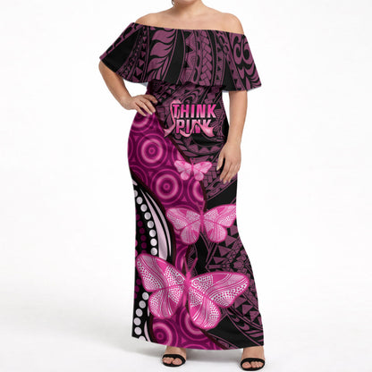 Think Pink Breast Cancer Support Off Shoulder Maxi Dress Butterfly Aboriginal Mix Polynesian Pattern