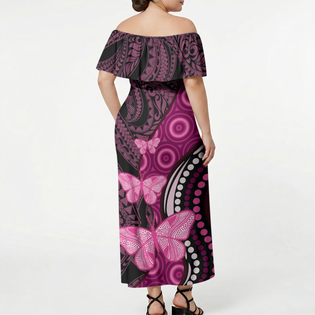 Think Pink Breast Cancer Support Off Shoulder Maxi Dress Butterfly Aboriginal Mix Polynesian Pattern