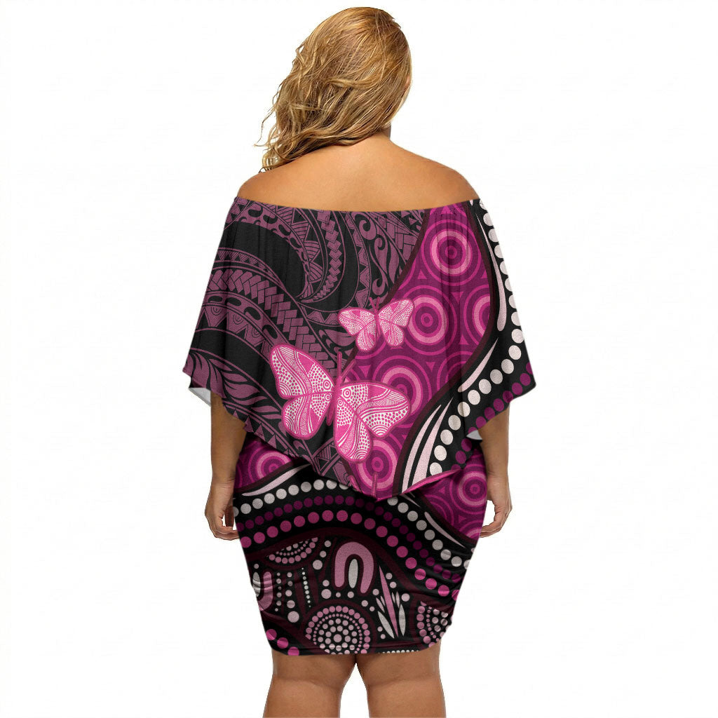 Think Pink Breast Cancer Support Off Shoulder Short Dress Butterfly Aboriginal Mix Polynesian Pattern