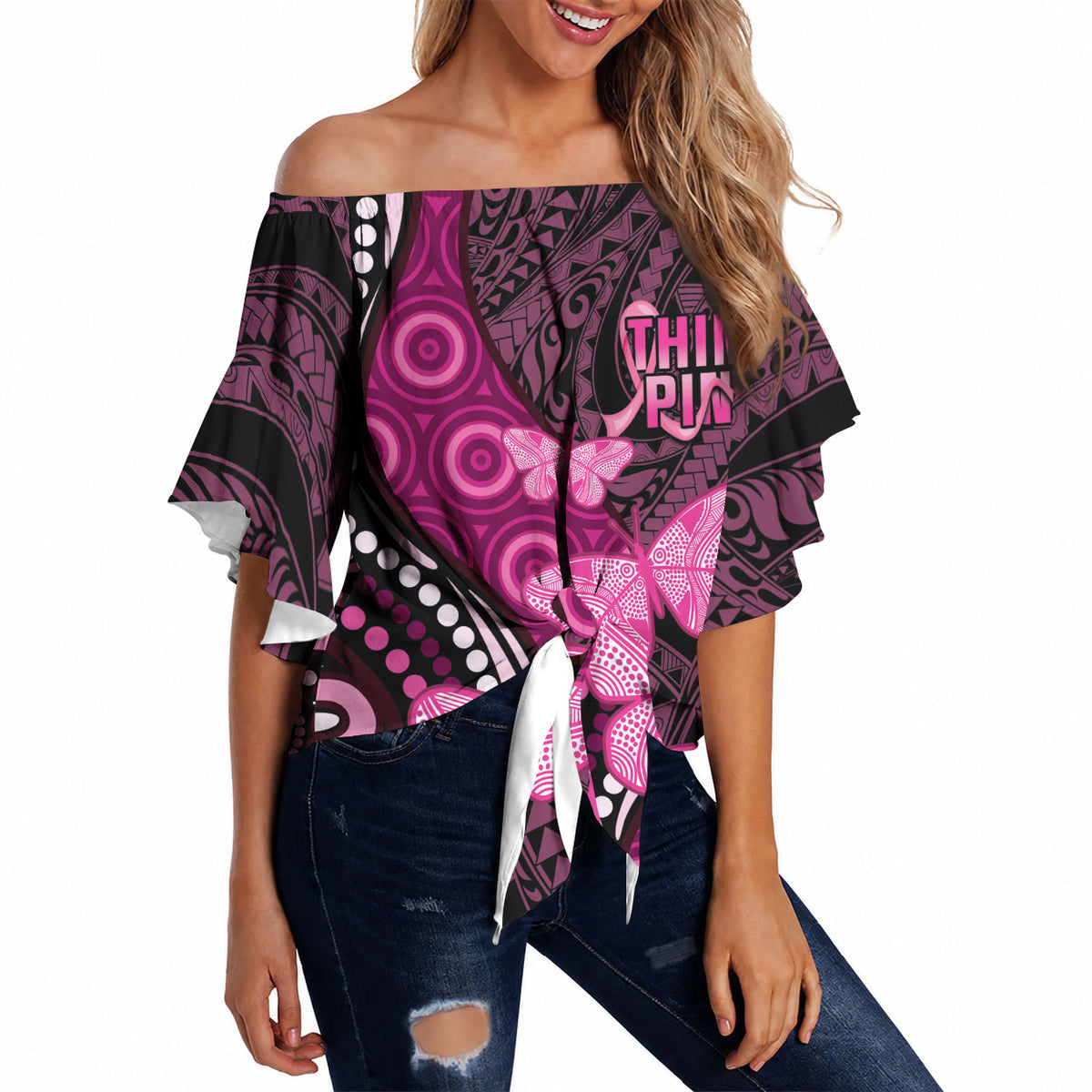 Think Pink Breast Cancer Support Off Shoulder Wrap Waist Top Butterfly Aboriginal Mix Polynesian Pattern