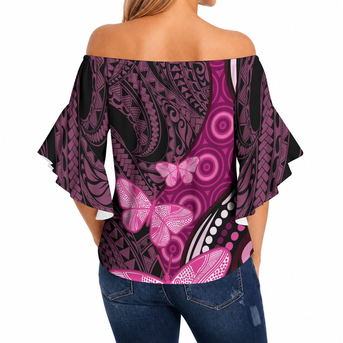 Think Pink Breast Cancer Support Off Shoulder Wrap Waist Top Butterfly Aboriginal Mix Polynesian Pattern
