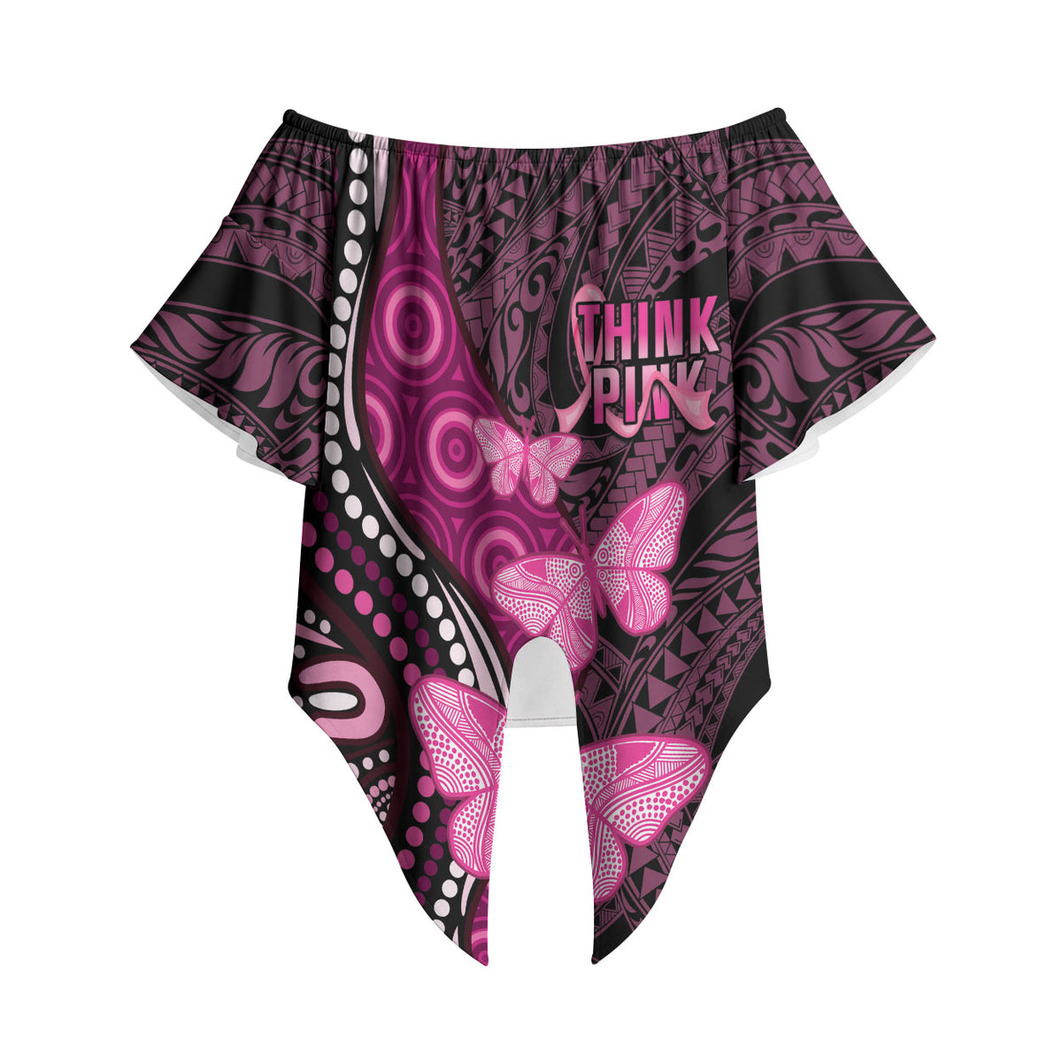 Think Pink Breast Cancer Support Off Shoulder Wrap Waist Top Butterfly Aboriginal Mix Polynesian Pattern