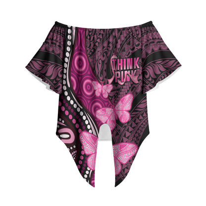 Think Pink Breast Cancer Support Off Shoulder Wrap Waist Top Butterfly Aboriginal Mix Polynesian Pattern