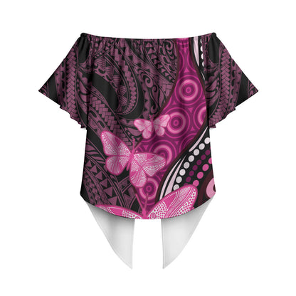 Think Pink Breast Cancer Support Off Shoulder Wrap Waist Top Butterfly Aboriginal Mix Polynesian Pattern