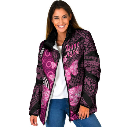 Think Pink Breast Cancer Support Padded Jacket Butterfly Aboriginal Mix Polynesian Pattern