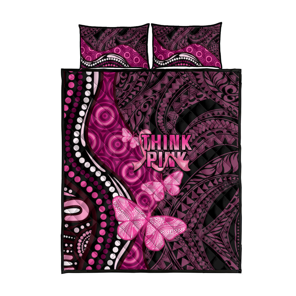 Think Pink Breast Cancer Support Quilt Bed Set Butterfly Aboriginal Mix Polynesian Pattern