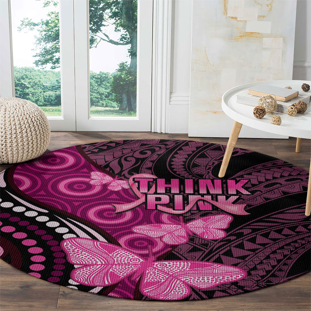 Think Pink Breast Cancer Support Round Carpet Butterfly Aboriginal Mix Polynesian Pattern