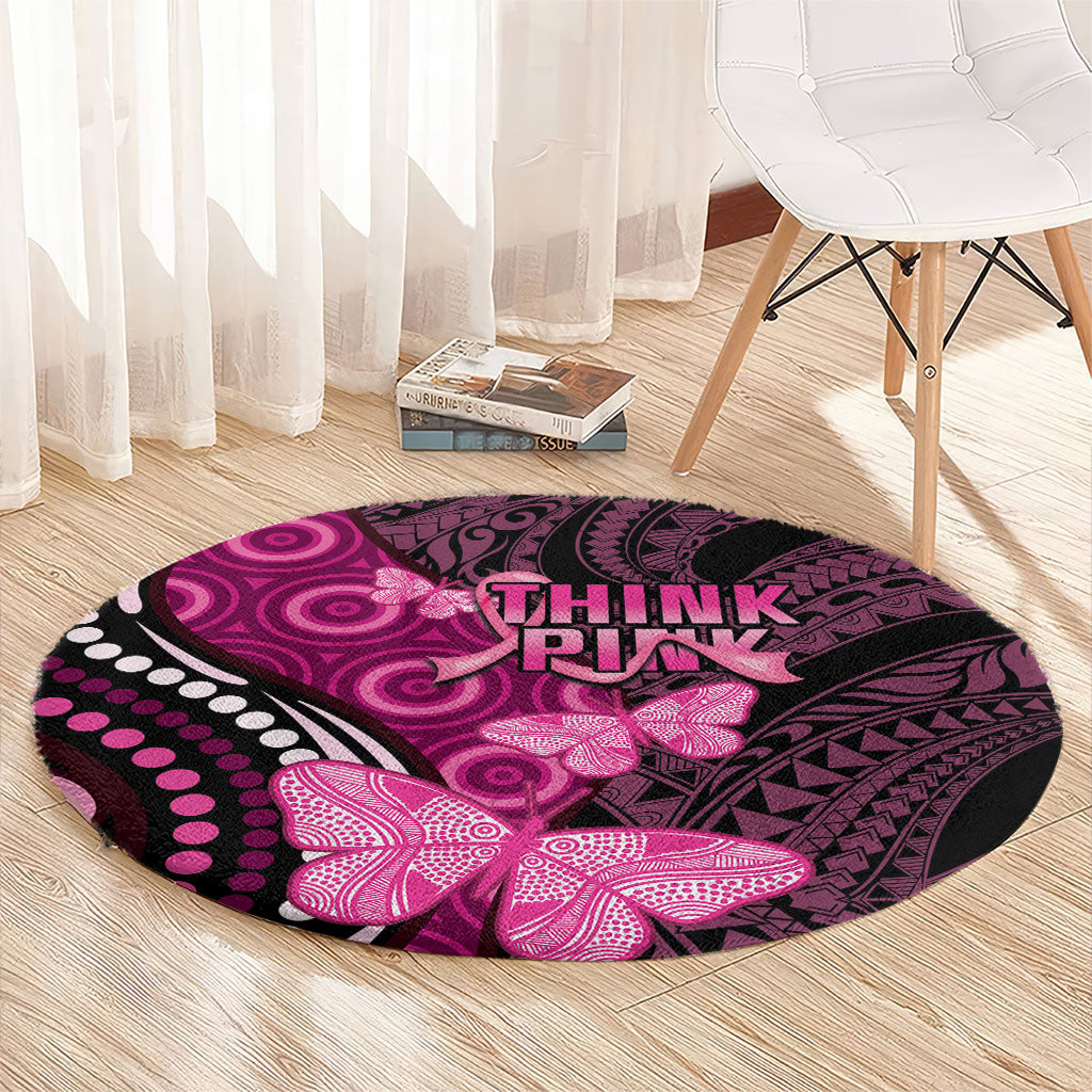 Think Pink Breast Cancer Support Round Carpet Butterfly Aboriginal Mix Polynesian Pattern