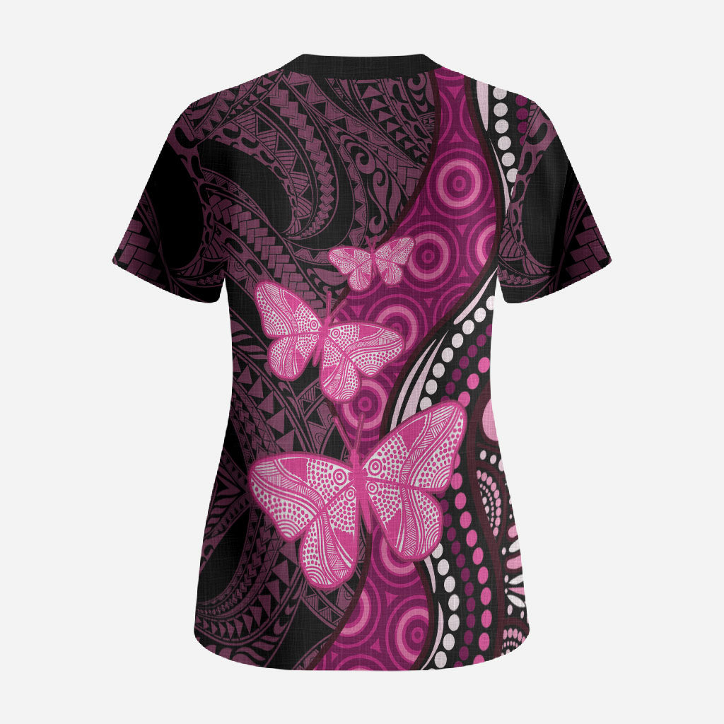 Think Pink Breast Cancer Support Scrub Top Butterfly Aboriginal Mix Polynesian Pattern