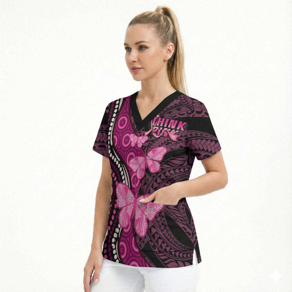 Think Pink Breast Cancer Support Scrub Top Butterfly Aboriginal Mix Polynesian Pattern