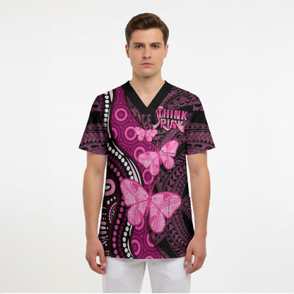 Think Pink Breast Cancer Support Scrub Top Butterfly Aboriginal Mix Polynesian Pattern