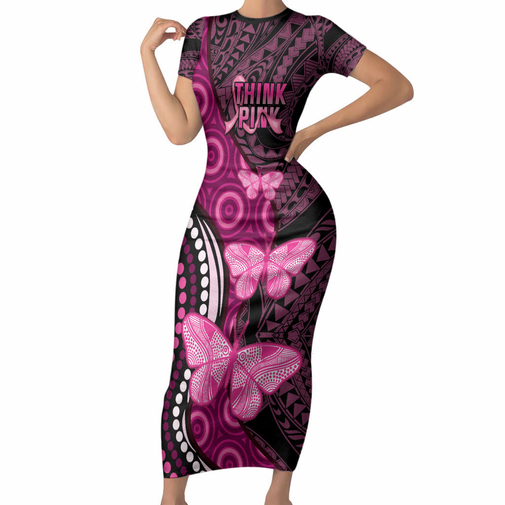 Think Pink Breast Cancer Support Short Sleeve Bodycon Dress Butterfly Aboriginal Mix Polynesian Pattern