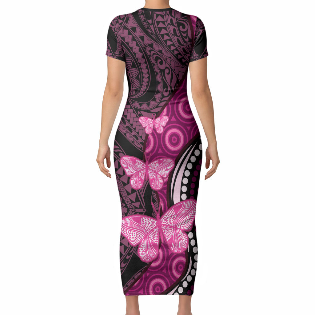 Think Pink Breast Cancer Support Short Sleeve Bodycon Dress Butterfly Aboriginal Mix Polynesian Pattern