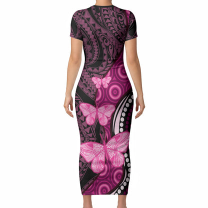 Think Pink Breast Cancer Support Short Sleeve Bodycon Dress Butterfly Aboriginal Mix Polynesian Pattern