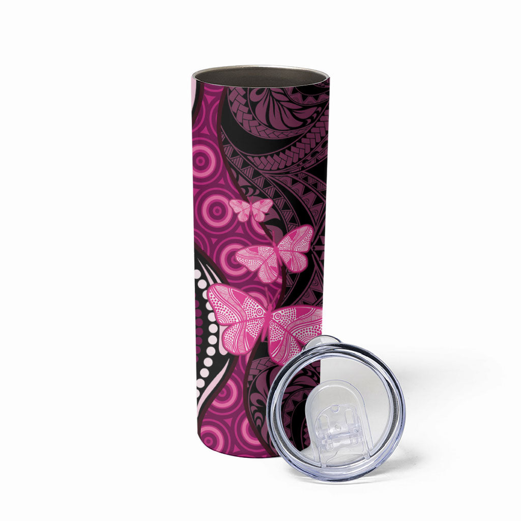 Think Pink Breast Cancer Support Skinny Tumbler Butterfly Aboriginal Mix Polynesian Pattern