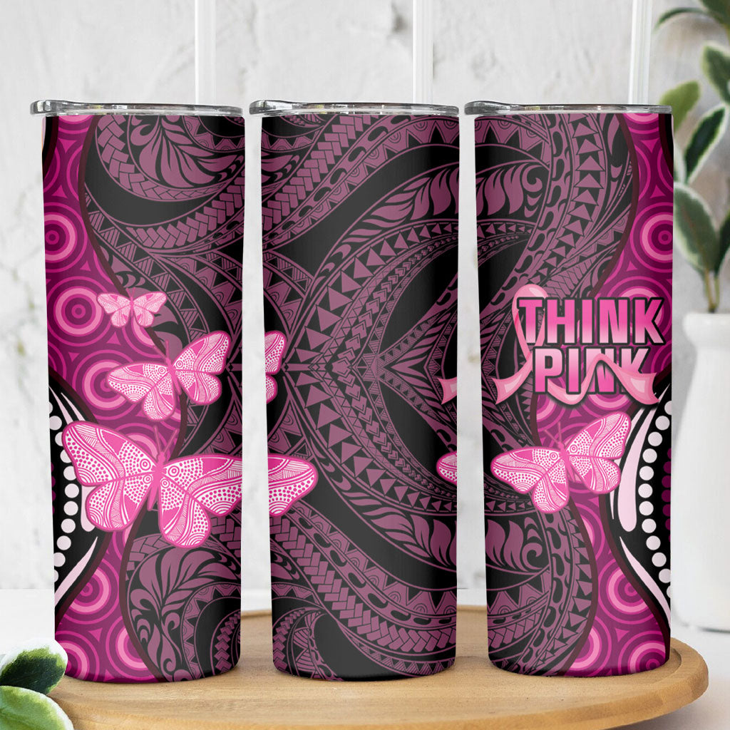 Think Pink Breast Cancer Support Skinny Tumbler Butterfly Aboriginal Mix Polynesian Pattern