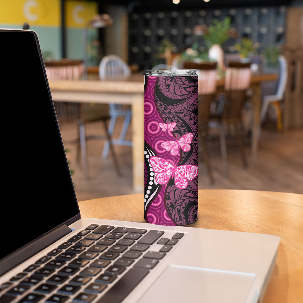 Think Pink Breast Cancer Support Skinny Tumbler Butterfly Aboriginal Mix Polynesian Pattern