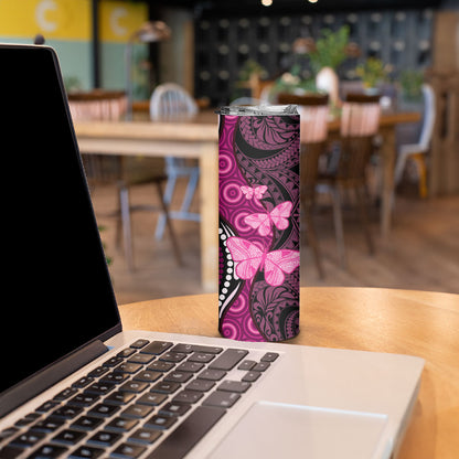 Think Pink Breast Cancer Support Skinny Tumbler Butterfly Aboriginal Mix Polynesian Pattern