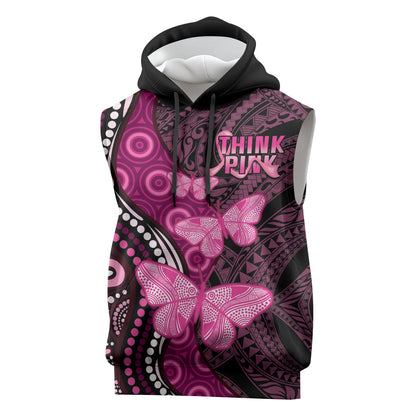 Think Pink Breast Cancer Support Sleeveless Hoodie Butterfly Aboriginal Mix Polynesian Pattern
