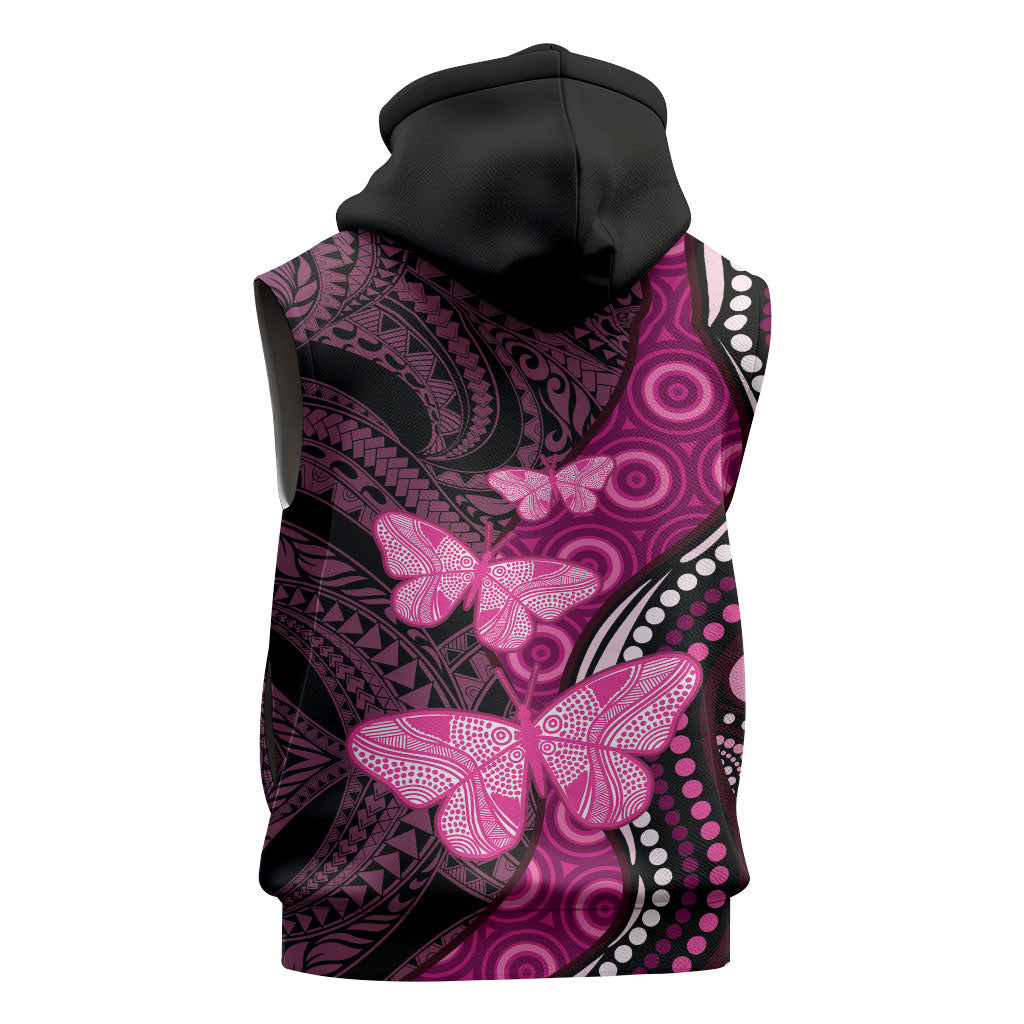 Think Pink Breast Cancer Support Sleeveless Hoodie Butterfly Aboriginal Mix Polynesian Pattern