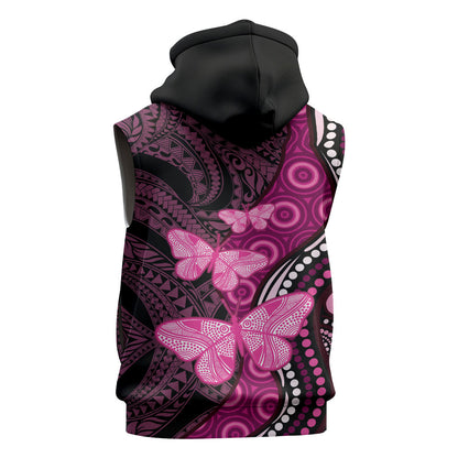 Think Pink Breast Cancer Support Sleeveless Hoodie Butterfly Aboriginal Mix Polynesian Pattern