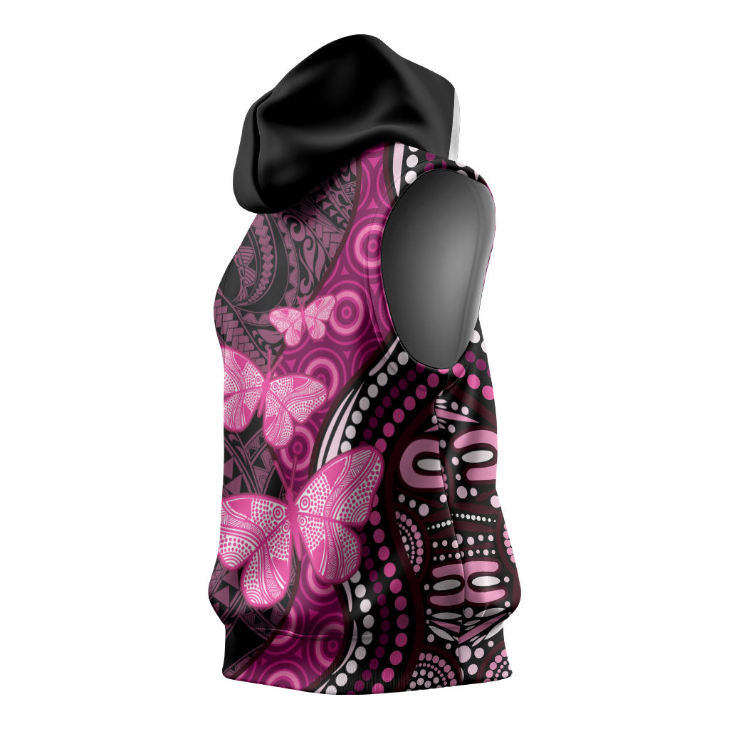 Think Pink Breast Cancer Support Sleeveless Hoodie Butterfly Aboriginal Mix Polynesian Pattern