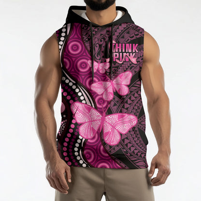 Think Pink Breast Cancer Support Sleeveless Hoodie Butterfly Aboriginal Mix Polynesian Pattern