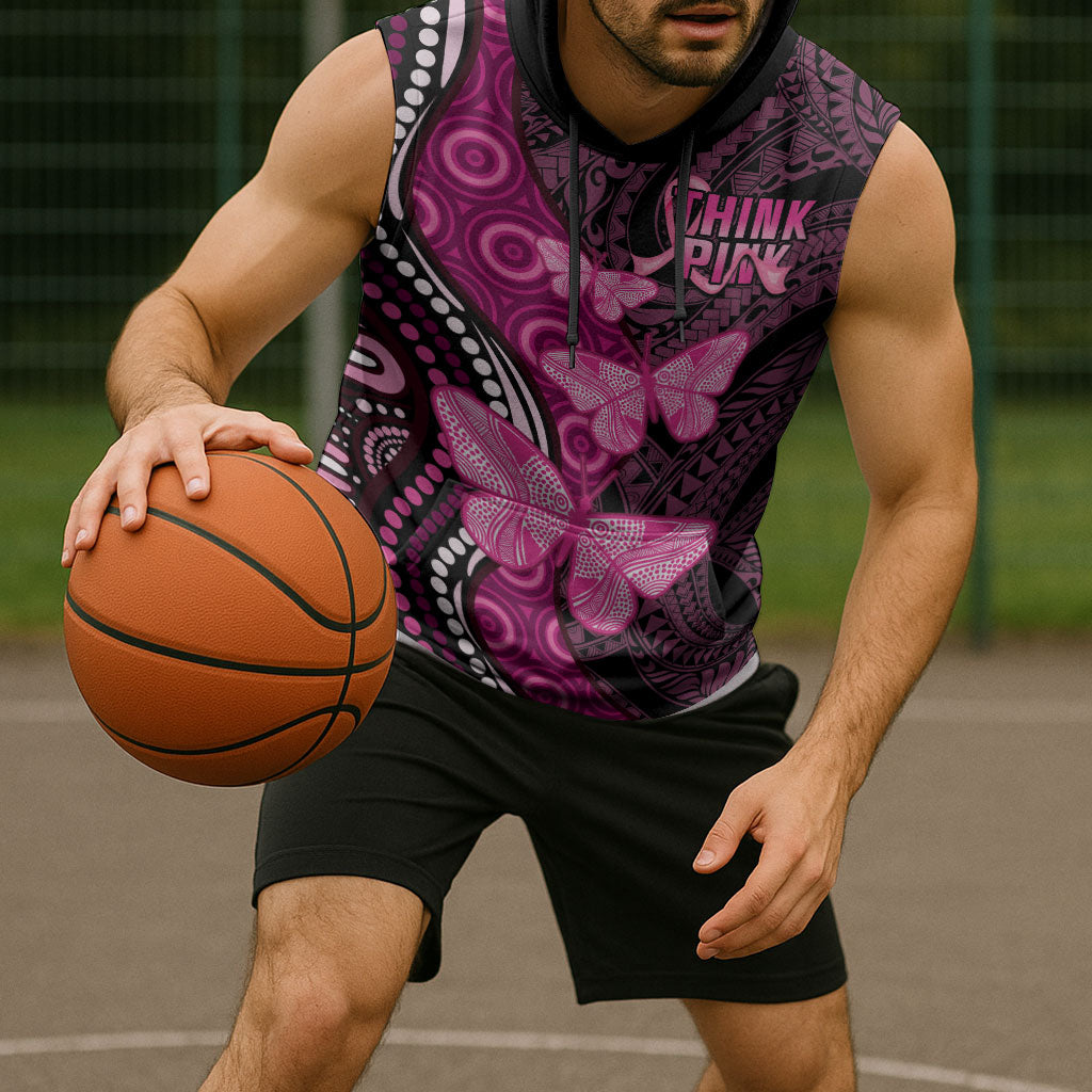 Think Pink Breast Cancer Support Sleeveless Hoodie Butterfly Aboriginal Mix Polynesian Pattern