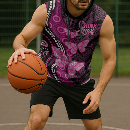 Think Pink Breast Cancer Support Sleeveless Hoodie Butterfly Aboriginal Mix Polynesian Pattern