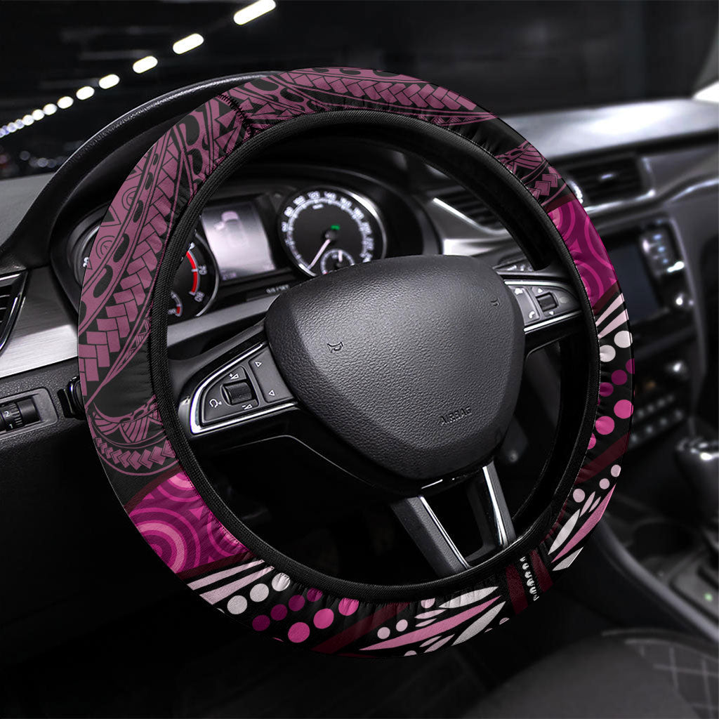 Think Pink Breast Cancer Support Steering Wheel Cover Butterfly Aboriginal Mix Polynesian Pattern