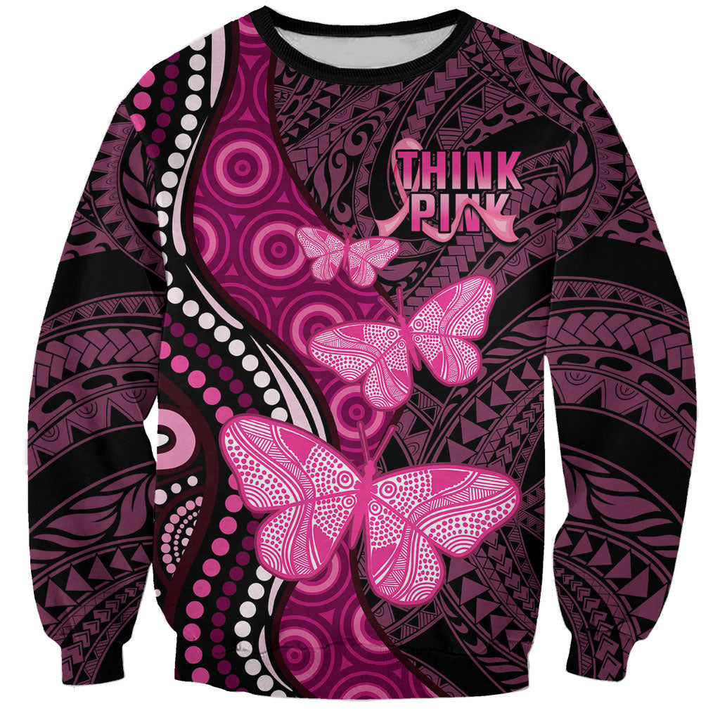 Think Pink Breast Cancer Support Sweatshirt Butterfly Aboriginal Mix Polynesian Pattern