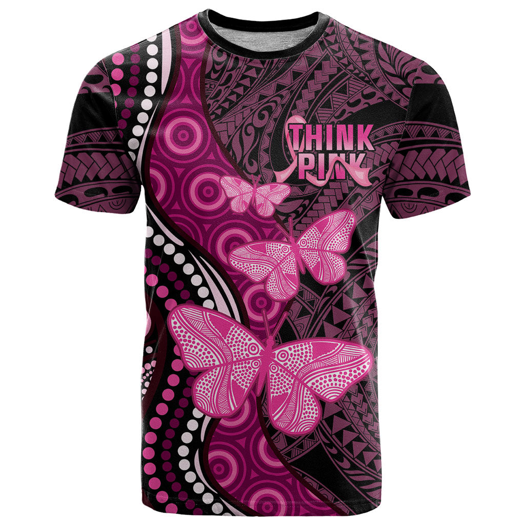 Think Pink Breast Cancer Support T Shirt Butterfly Aboriginal Mix Polynesian Pattern