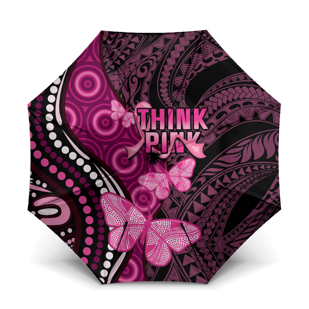 Think Pink Breast Cancer Support Umbrella Butterfly Aboriginal Mix Polynesian Pattern