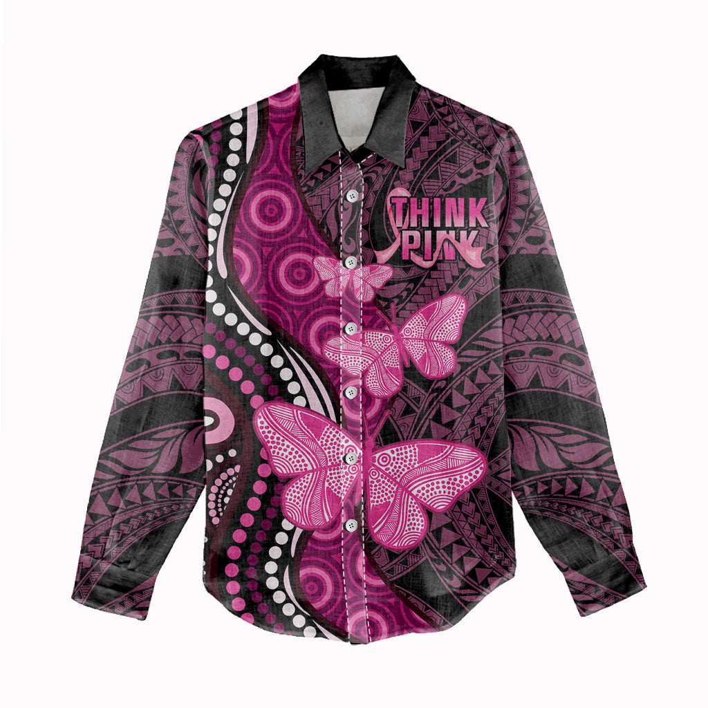 Think Pink Breast Cancer Support Women Casual Shirt Butterfly Aboriginal Mix Polynesian Pattern