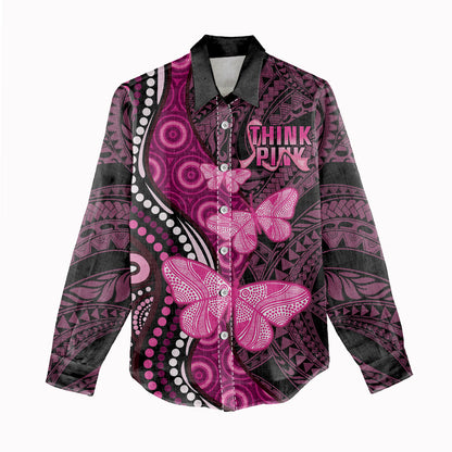 Think Pink Breast Cancer Support Women Casual Shirt Butterfly Aboriginal Mix Polynesian Pattern