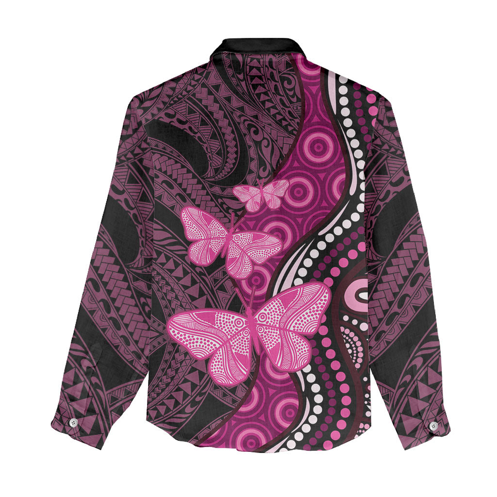 Think Pink Breast Cancer Support Women Casual Shirt Butterfly Aboriginal Mix Polynesian Pattern