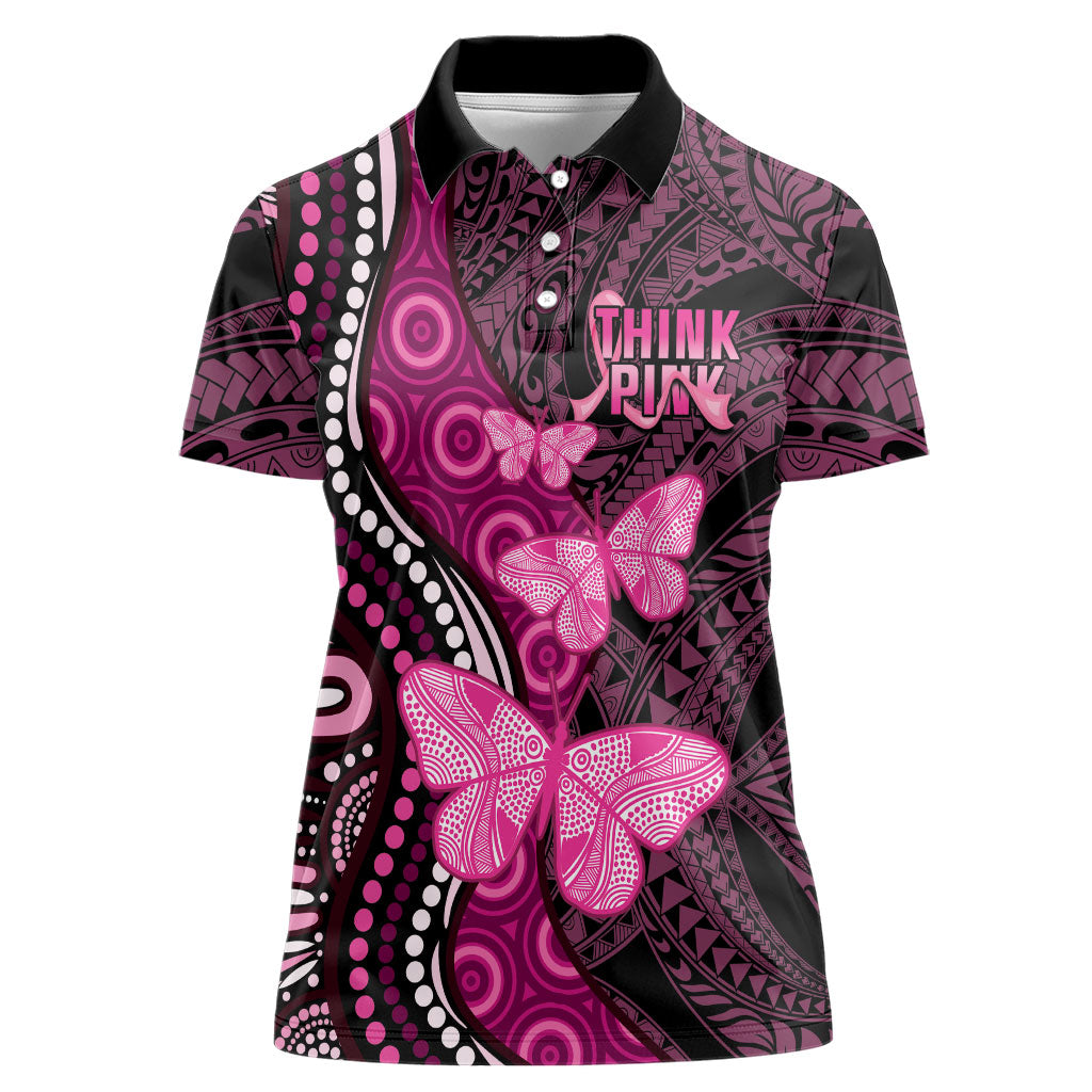 Think Pink Breast Cancer Support Women Polo Shirt Butterfly Aboriginal Mix Polynesian Pattern