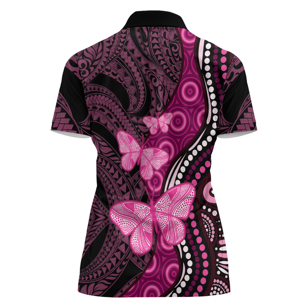 Think Pink Breast Cancer Support Women Polo Shirt Butterfly Aboriginal Mix Polynesian Pattern