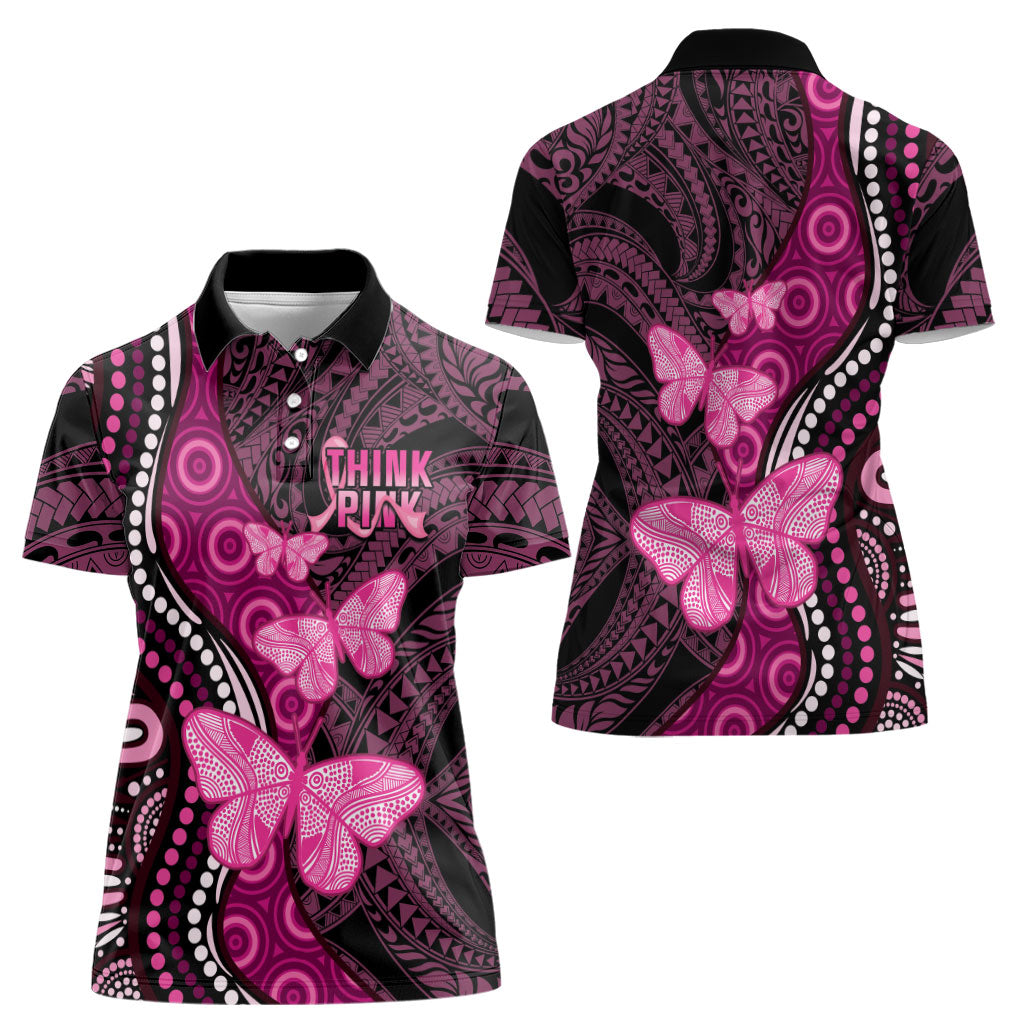Think Pink Breast Cancer Support Women Polo Shirt Butterfly Aboriginal Mix Polynesian Pattern