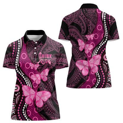 Think Pink Breast Cancer Support Women Polo Shirt Butterfly Aboriginal Mix Polynesian Pattern