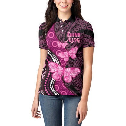 Think Pink Breast Cancer Support Women Polo Shirt Butterfly Aboriginal Mix Polynesian Pattern