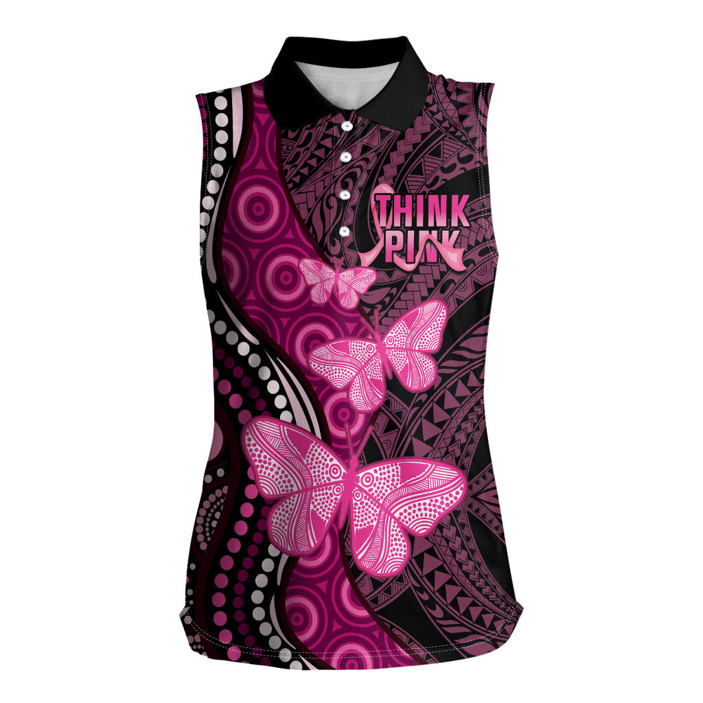 Think Pink Breast Cancer Support Women Sleeveless Polo Shirt Butterfly Aboriginal Mix Polynesian Pattern