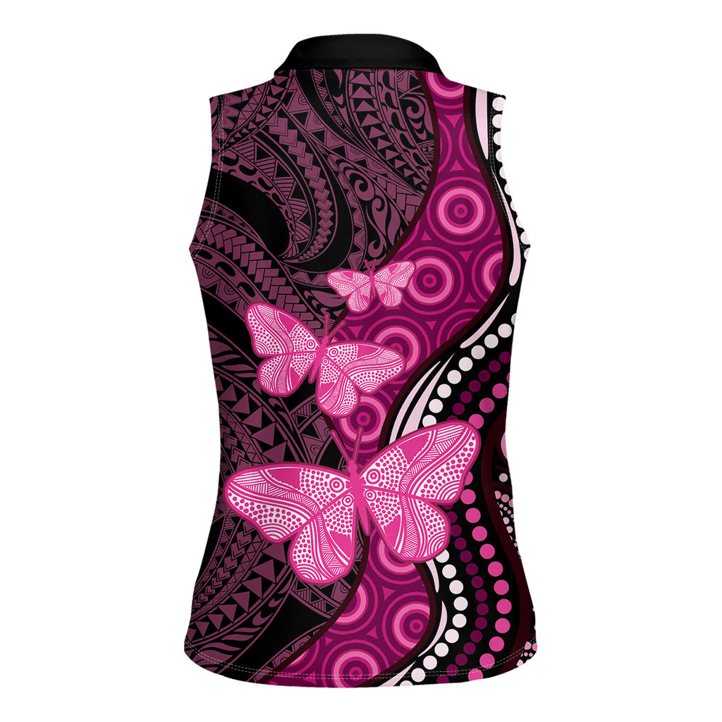 Think Pink Breast Cancer Support Women Sleeveless Polo Shirt Butterfly Aboriginal Mix Polynesian Pattern